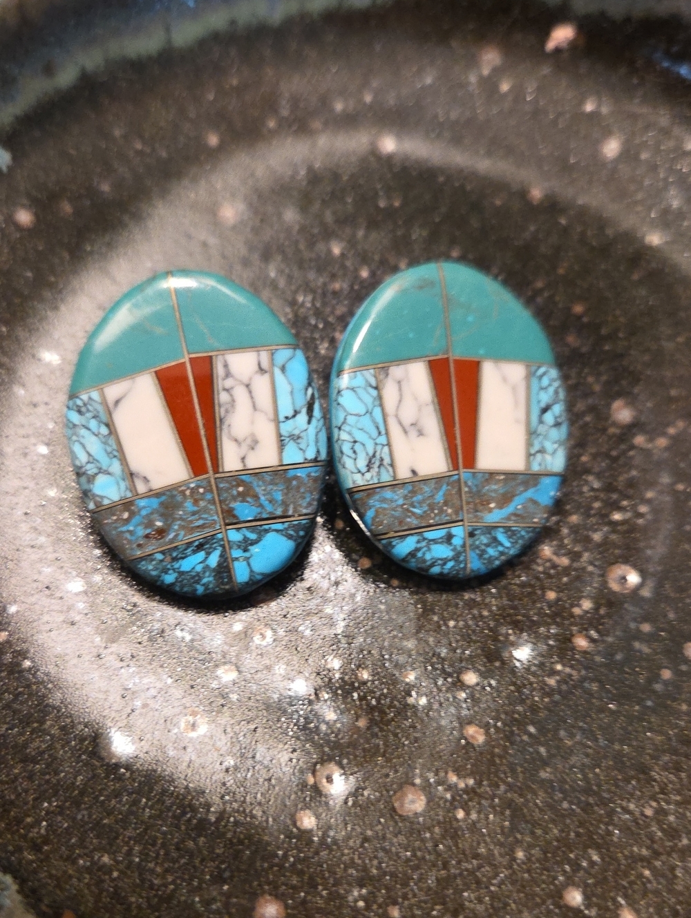 Vintage Turquoise, White & Red Inlay Oval Earrings